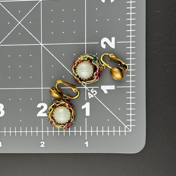 Vintage Clip-on Earrings Vermeil Gold Over Silver Cloisonne White Nephrite Jade - Picture 3 of 12